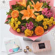 Bright Happy Birthday Bouquet with Chocolates and Card